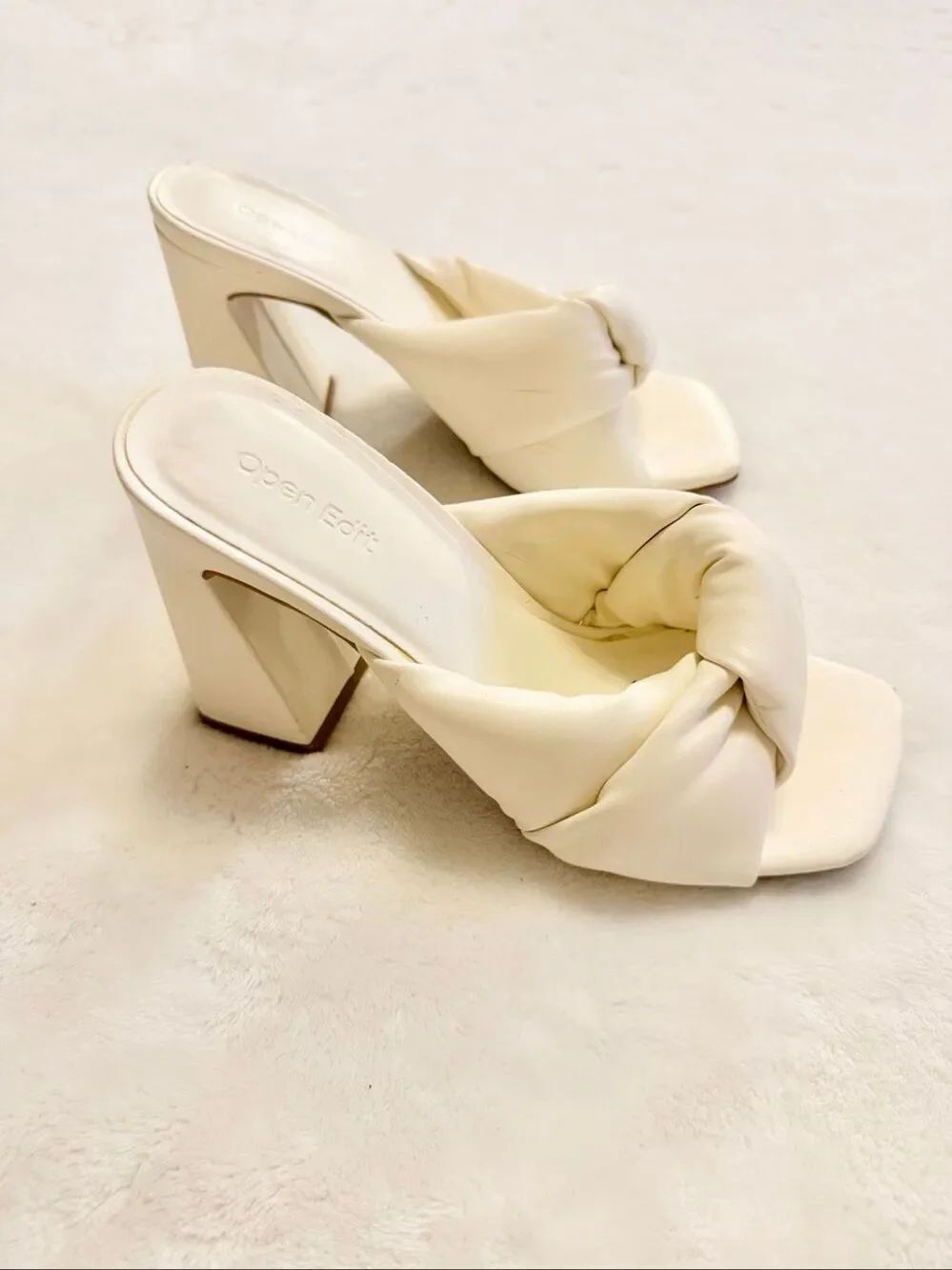 Open Edit White Knotted Block Heel Mule Sandals Square Toe Size 6.5